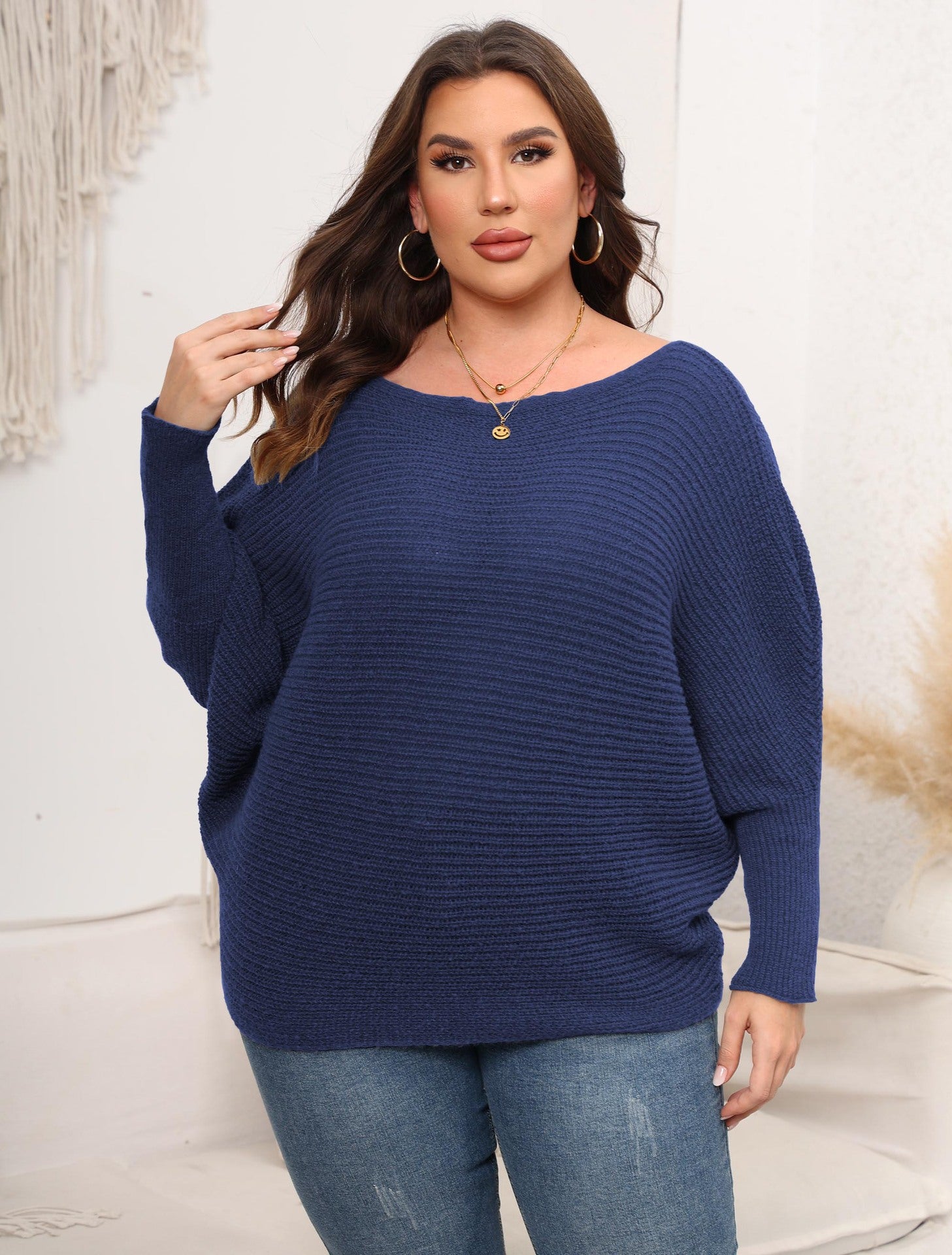 Woochic pull grande taille femme col droit épaules dénudées manches chauve-souris