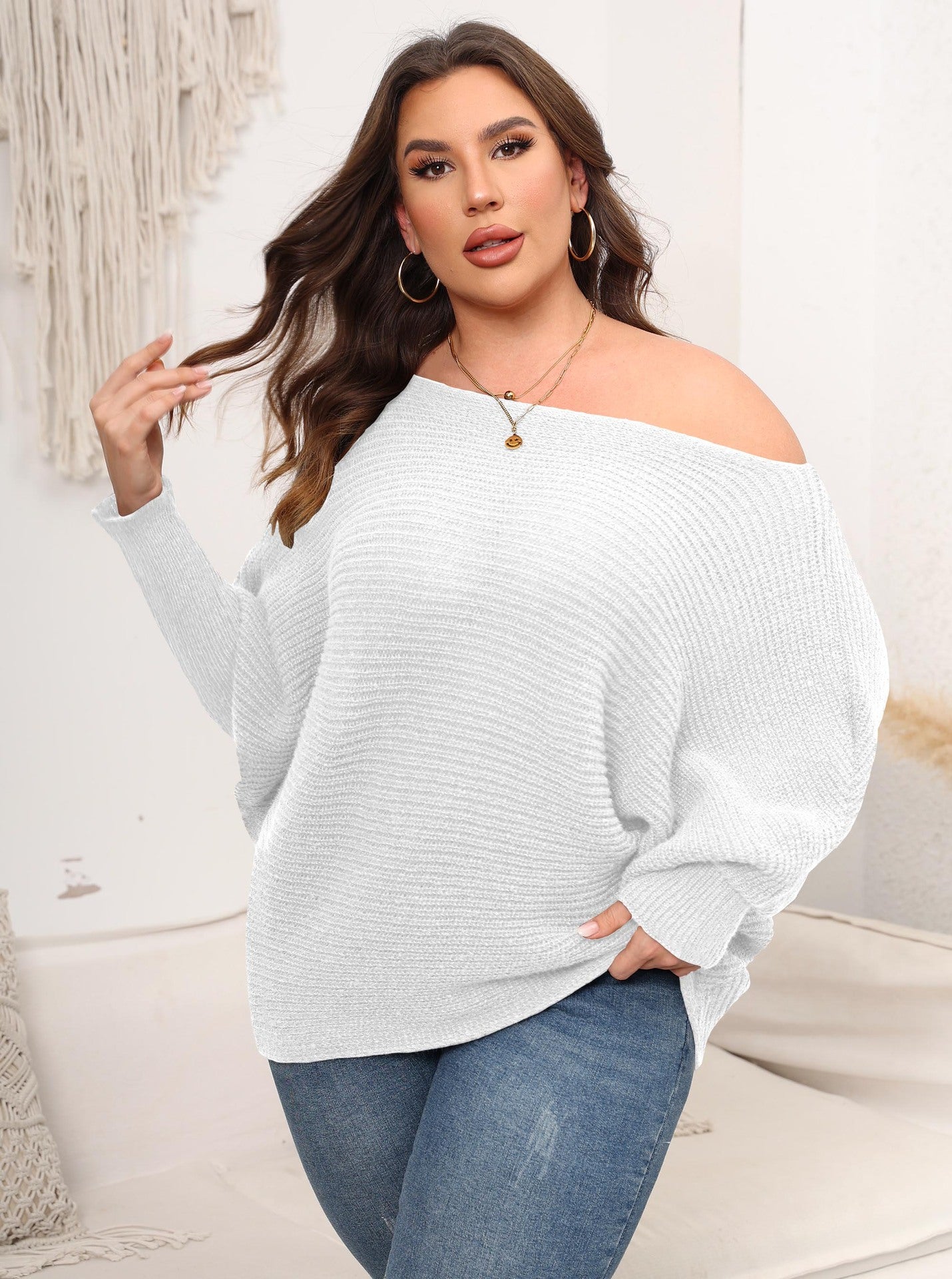 Woochic pull grande taille femme col droit épaules dénudées manches chauve-souris blanc S