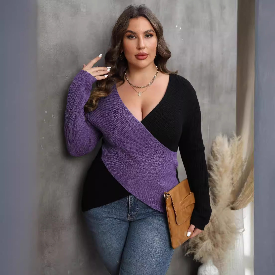 Woochic pull grande taille femme col en V croix irrégulière contrastées violet 1XL