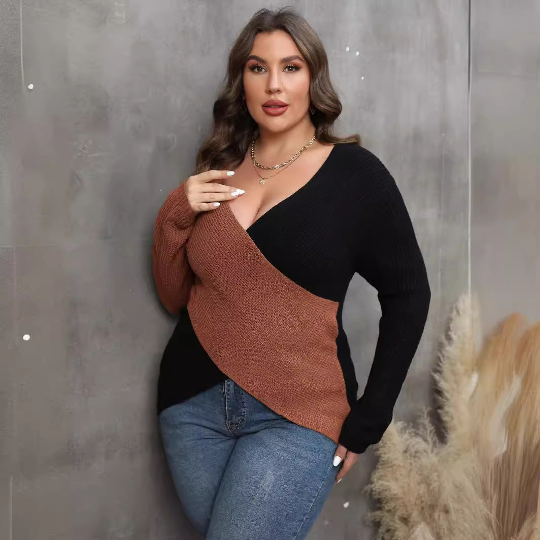 Woochic pull grande taille femme col en V croix irrégulière contrastées brun 1XL