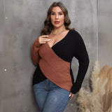 Woochic pull grande taille femme col en V croix irrégulière contrastées brun 1XL