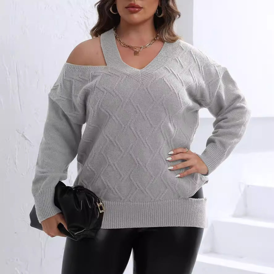 Woochic pull grande taille femme col en V épaules dénudées motif rhombique gris 1XL