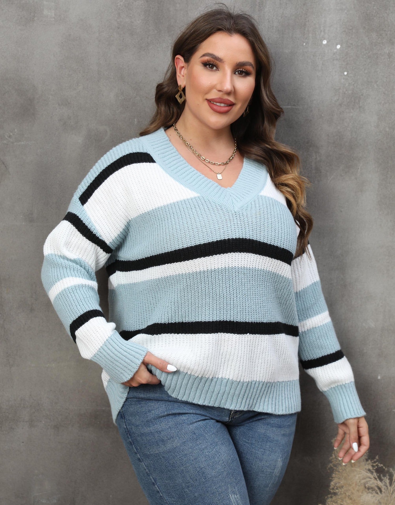 Woochic pull grande taille femme col en V larges rayures contrasté