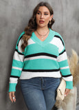Woochic pull grande taille femme col en V larges rayures contrasté bleu 3 XL