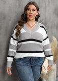 Woochic pull grande taille femme col en V larges rayures contrasté gris XL