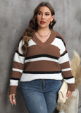 Woochic pull grande taille femme col en V larges rayures contrasté marron XL