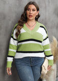 Woochic pull grande taille femme col en V larges rayures contrasté vert XL