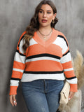 Woochic pull grande taille femme col en V larges rayures contrasté orange XL