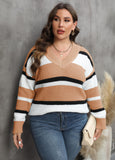 Woochic pull grande taille femme col en V larges rayures contrasté kaqi XL
