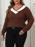 Woochic pull grande taille femme col en V tissage couleurs contrasté marron 1XL
