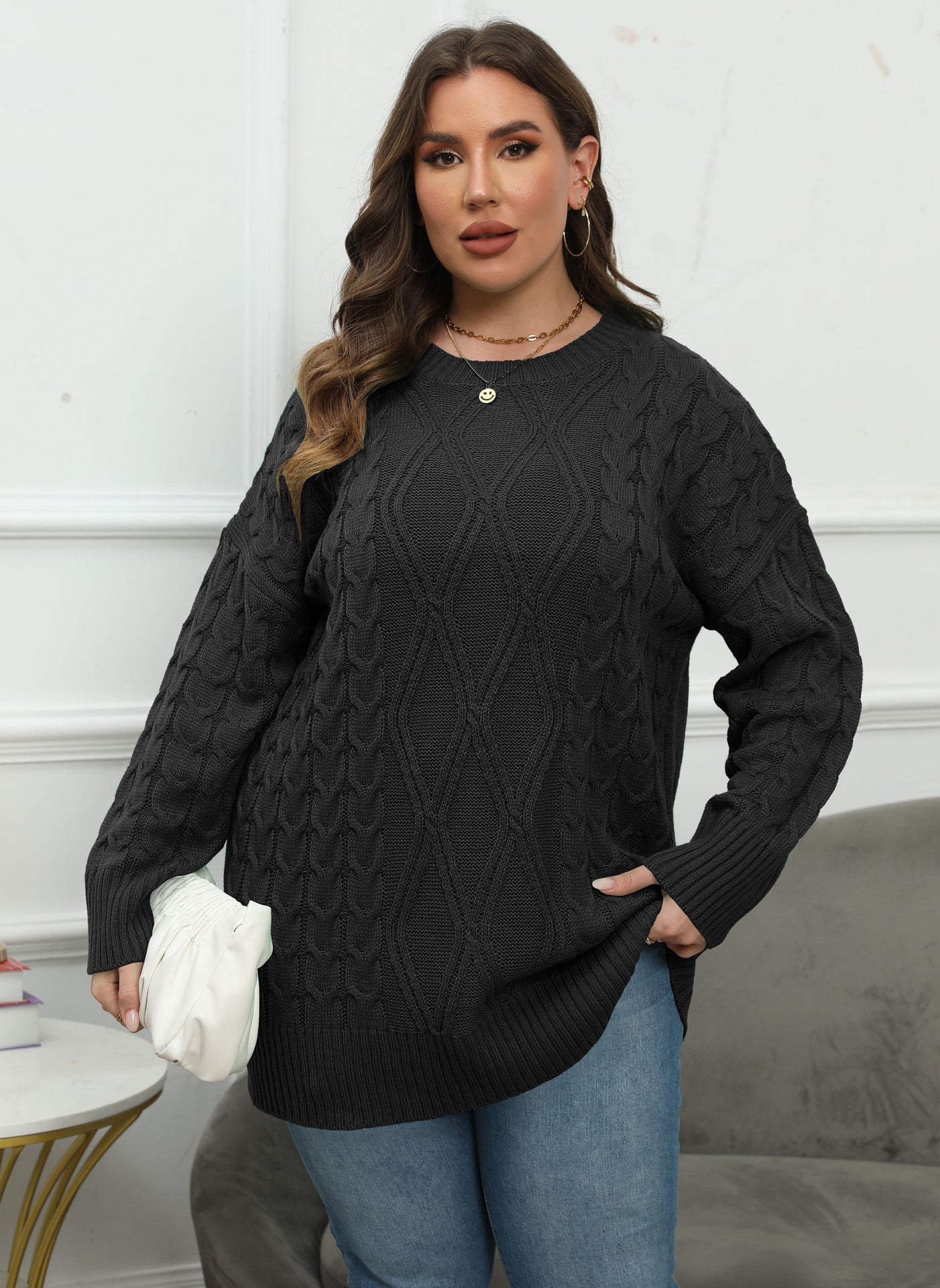 Woochic pull grande taille femme col en rond tissage en forme de losange