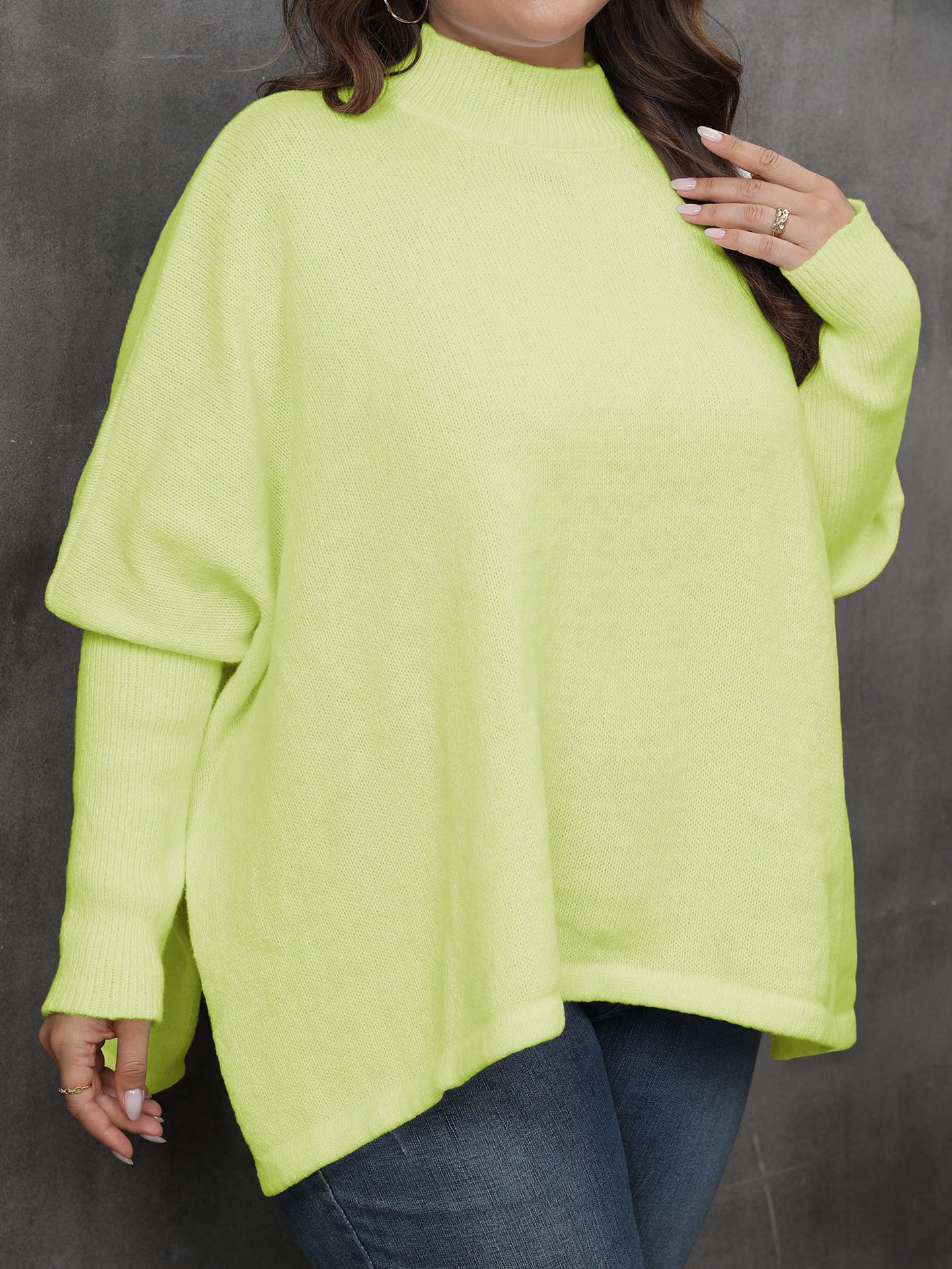 Woochic pull grande taille femme col mi-haut manches chauve-souris vert 6