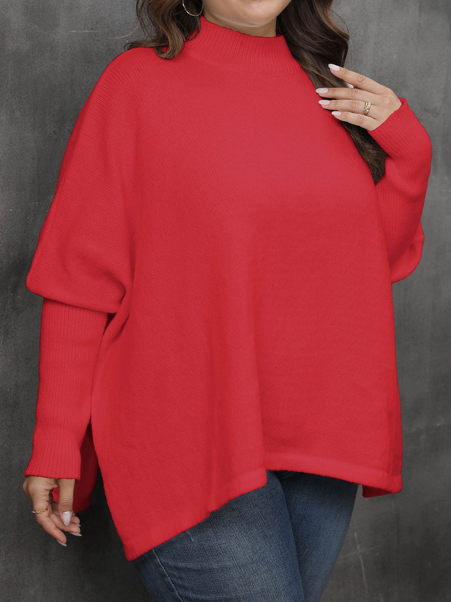 Woochic pull grande taille femme col mi-haut manches chauve-souris rouge