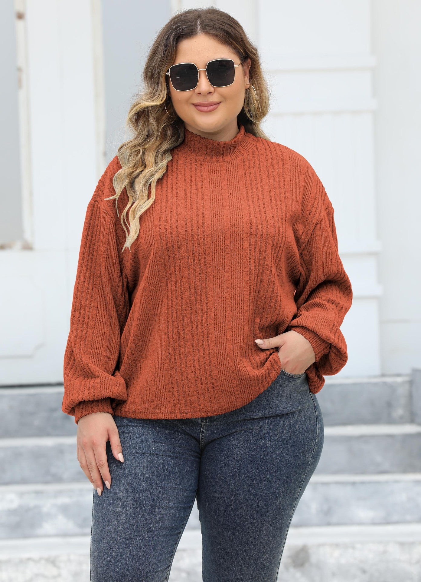 Woochic pull grande taille femme col mi-haut manches lanternes flocage côtelé marron XL