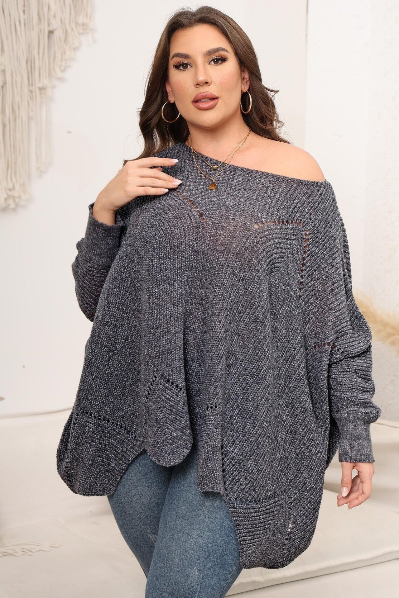 Woochic pull grande taille femme col rond en forme de cape découpé gris foncé 1XL
