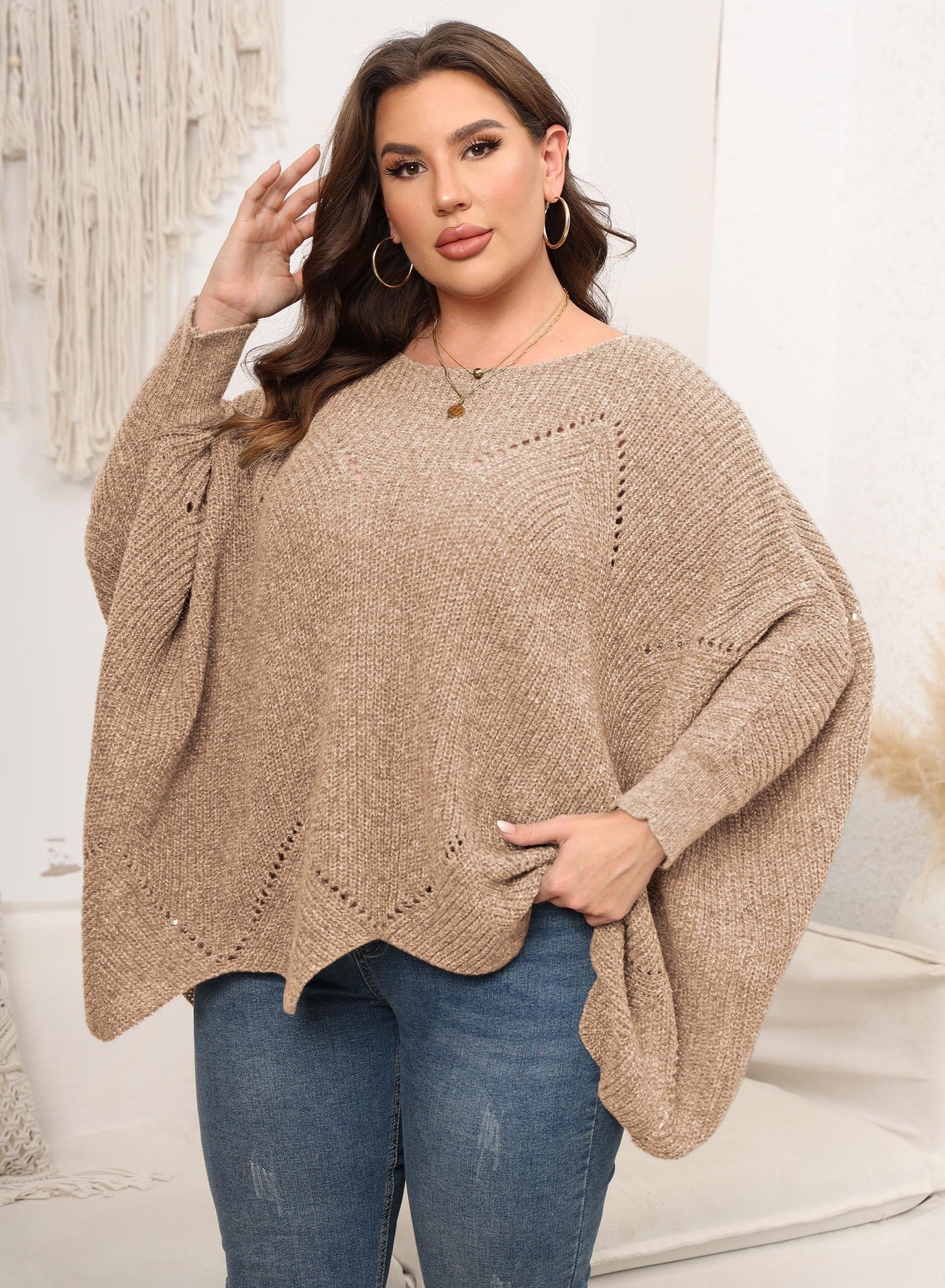 Woochic pull grande taille femme col rond en forme de cape découpé kaqi 1XL