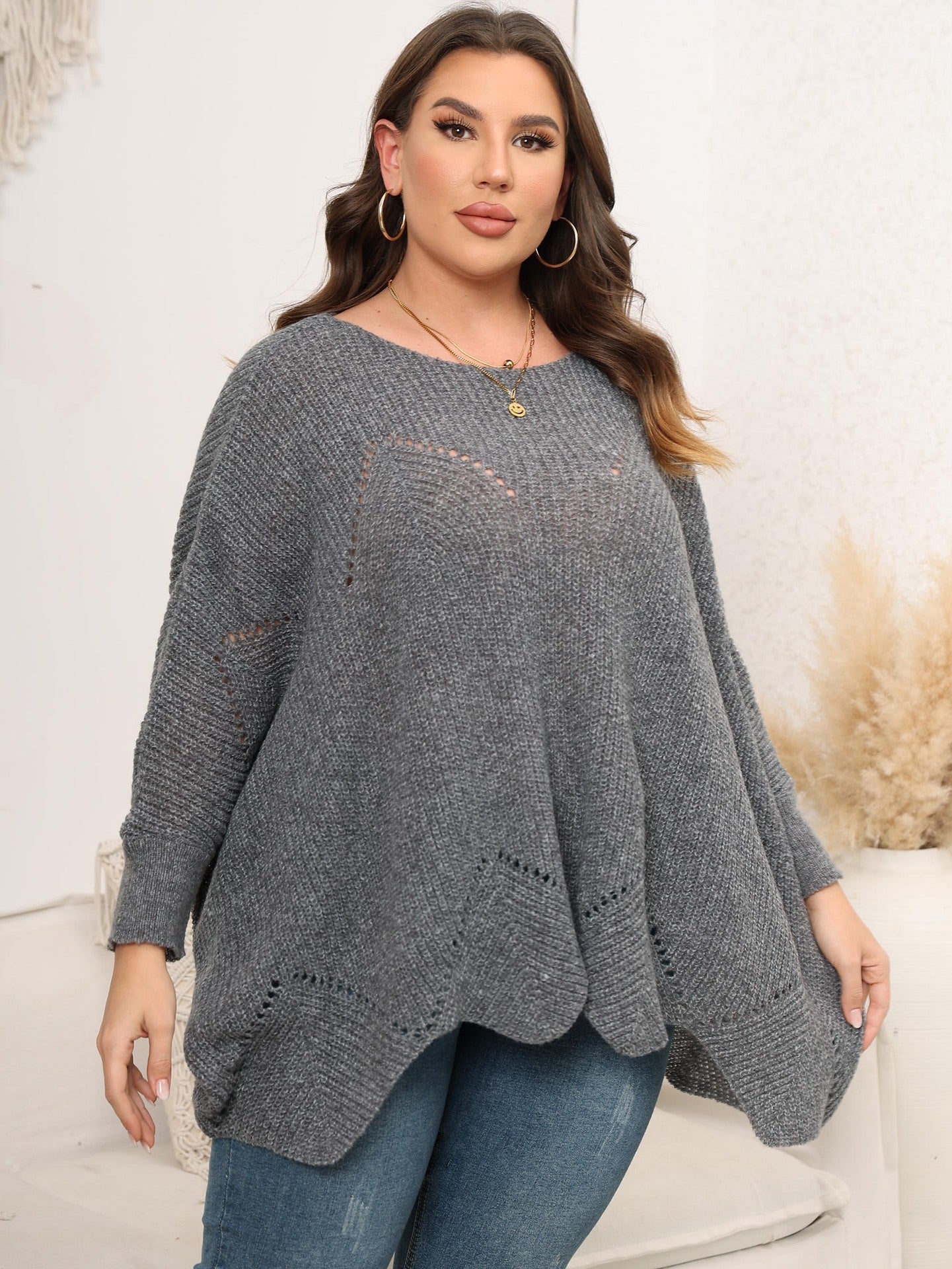 Woochic pull grande taille femme col rond en forme de cape découpé gris 1XL