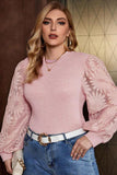 Woochic pull grande taille femme col rond gaufrée tricoté dentelle manches lanternes rose XL