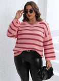 Woochic pull grande taille femme col rond rayures contrasté manches évasées rose XL
