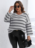 Woochic pull grande taille femme col rond rayures contrasté manches évasées gris XL