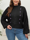 Woochic pull grande taille femme demi-col broderie florale manches lanternes noir 1XL