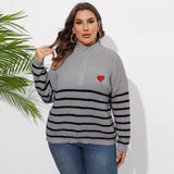Woochic pull grande taille femme demi-col zippé motif cœur rayures gris XL