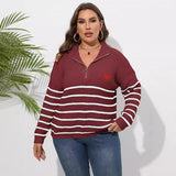 Woochic pull grande taille femme demi-col zippé motif cœur rayures rouge vineux XL