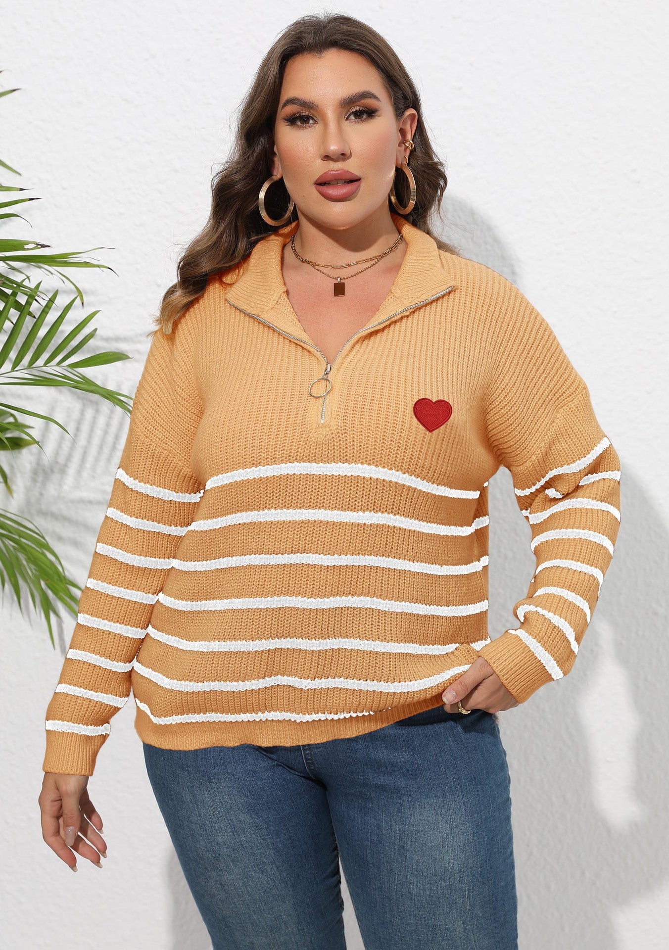 Woochic pull grande taille femme demi-col zippé motif cœur rayures jaune XL