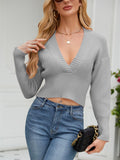 Woochic pull tricoté col en V manches chauve-souris gris clair S