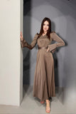 Woochic robe à manches longues bouffantes col en V taille cintrée marron S