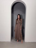 Woochic robe à manches longues bouffantes col en V taille cintrée