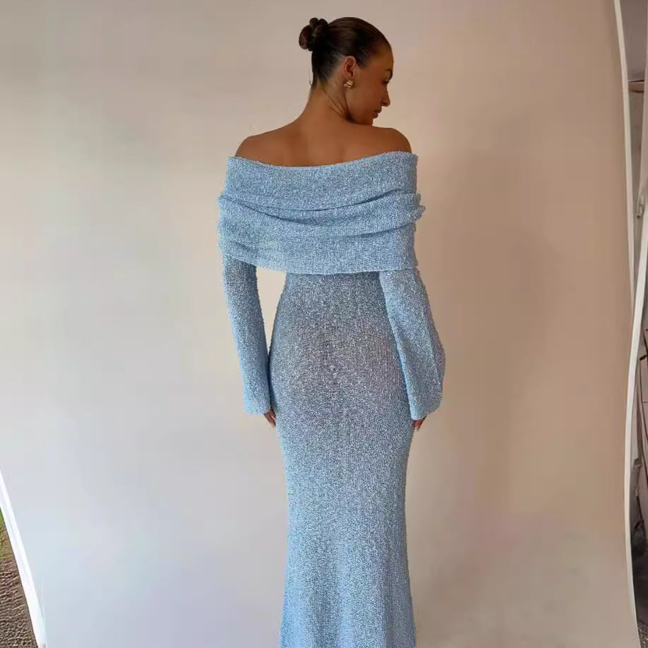 Woochic robe à manches longues col bateau découpé tricoté taille haute, vacances bleu S