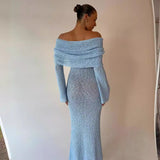 Woochic robe à manches longues col bateau découpé tricoté taille haute, vacances bleu S