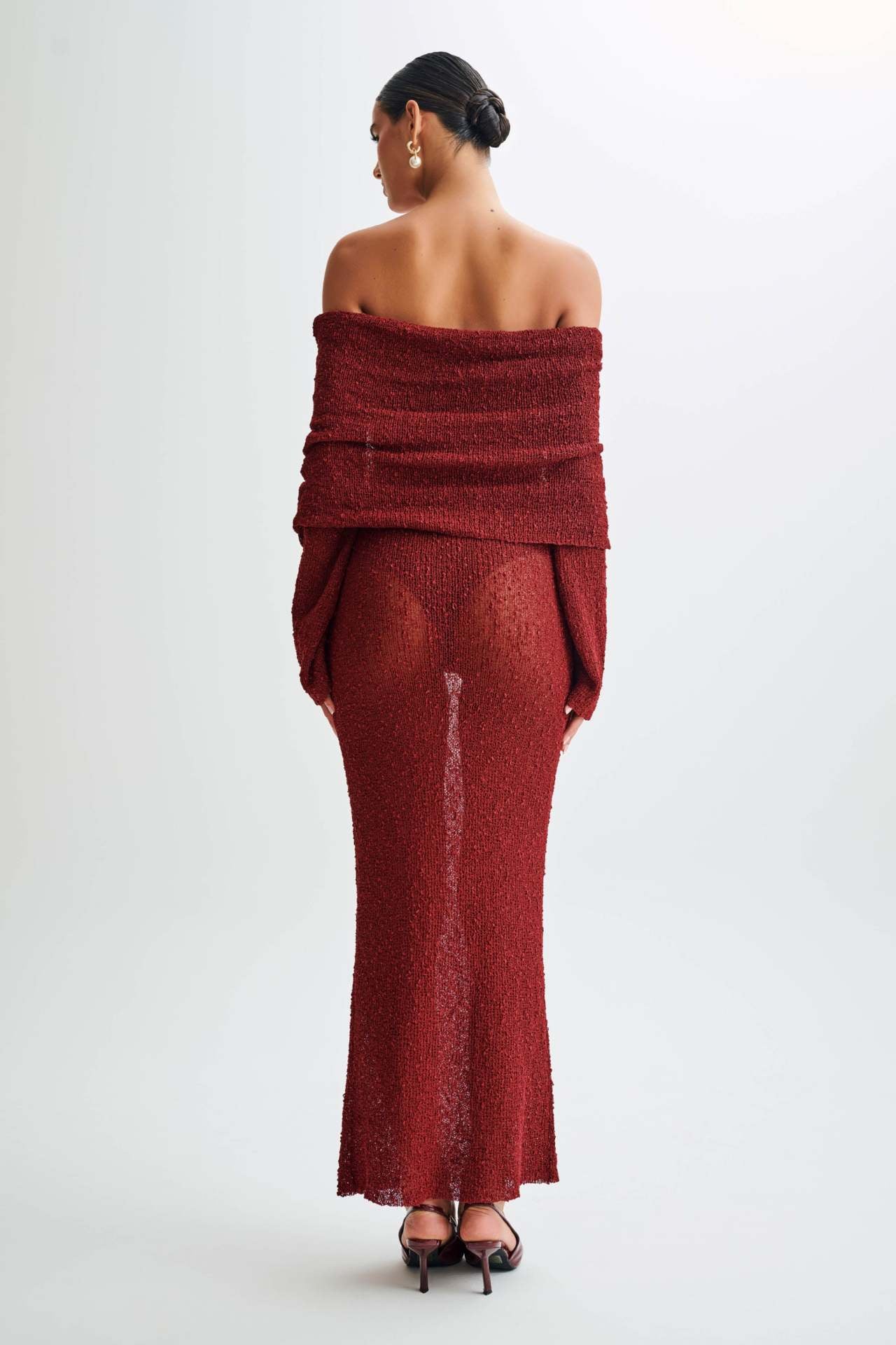 Woochic robe à manches longues col bateau découpé tricoté taille haute, vacances rouge vineux S
