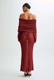 Woochic robe à manches longues col bateau découpé tricoté taille haute, vacances rouge vineux S