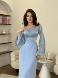 Woochic robe à manches longues col en U trapèze mercerisée bleu S
