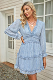 Woochic robe à manches longues col en V imprimé trapèze bleu S