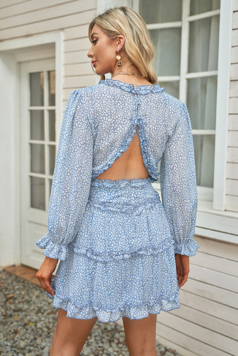 Woochic robe à manches longues col en V imprimé trapèze