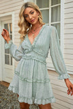 Woochic robe à manches longues col en V imprimé trapèze vert S