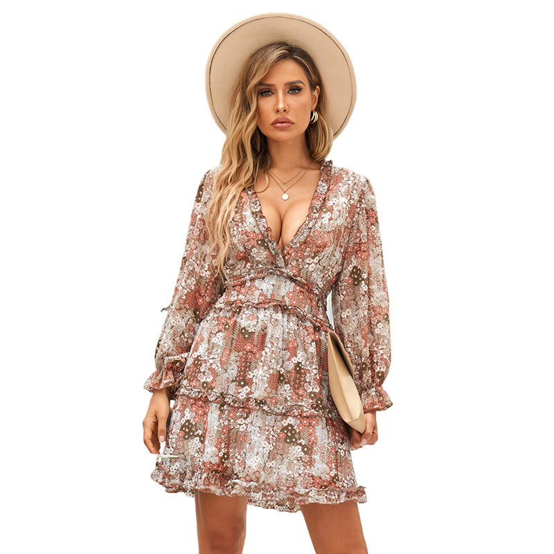 Woochic robe à manches longues col en V imprimé trapèze kaqi S