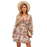 Woochic robe à manches longues col en V imprimé trapèze kaqi S