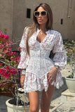 Woochic robe à manches longues col en V imprimée dentellle trapèze cintrée rose S