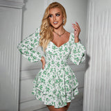 Woochic robe à manches longues col en V imprimée florale vert XS