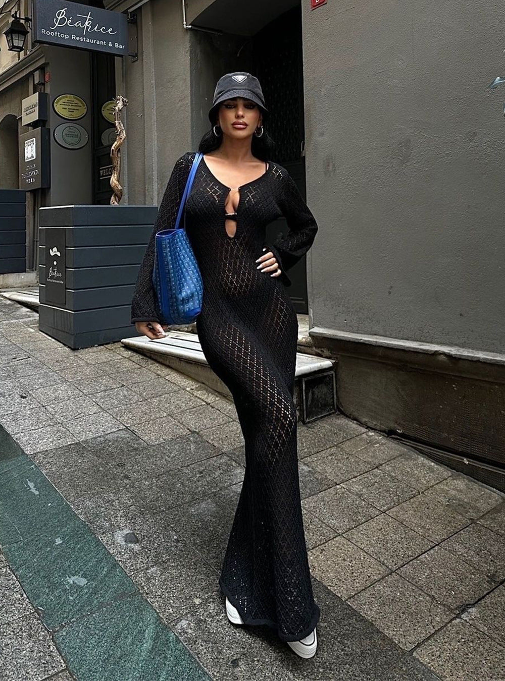 Woochic robe à manches longues col en V tricotée taille haute découpées noir S