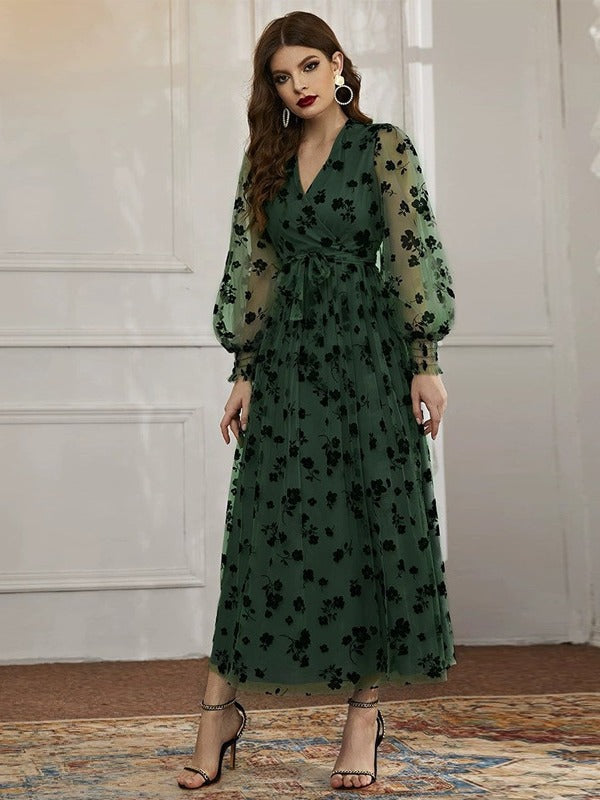Woochic robe à manches longues col en V tulle dentelle taille haute vert 6 S