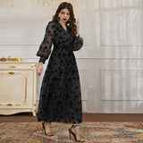 Woochic robe à manches longues col en V tulle dentelle taille haute noir S