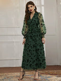 Woochic robe à manches longues col en V tulle dentelle taille haute vert 6 S