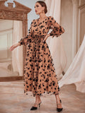 Woochic robe à manches longues col en V tulle dentelle taille haute jaune-brun S