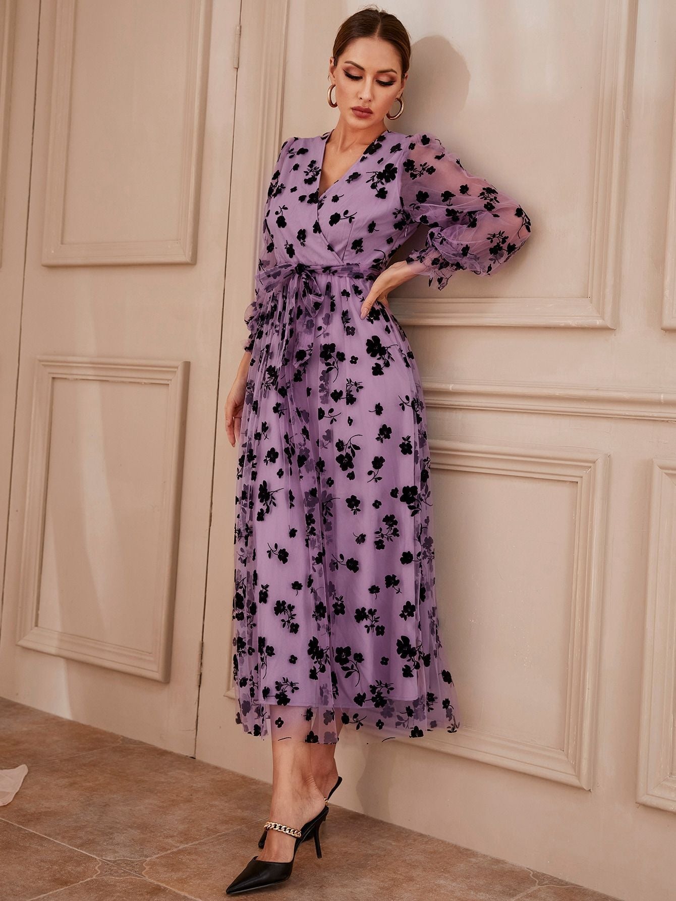 Woochic robe à manches longues col en V tulle dentelle taille haute violet 1 S