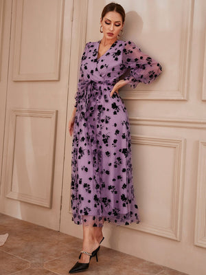 Woochic robe à manches longues col en V tulle dentelle taille haute violet 1 S
